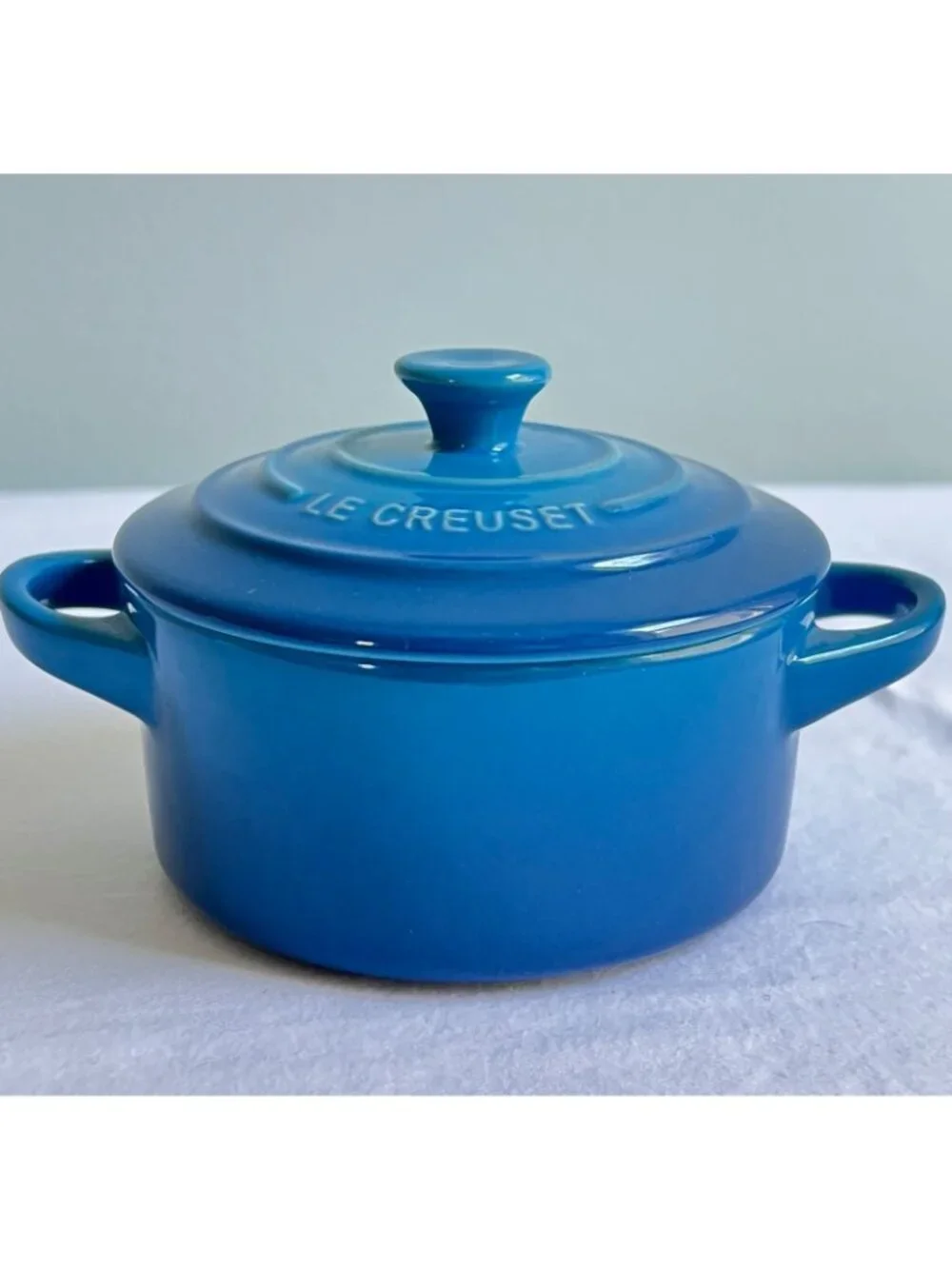 Le Creuset Mini Round Casserole Baker Marseille Blue Stoneware & Lid 8oz Cocotte